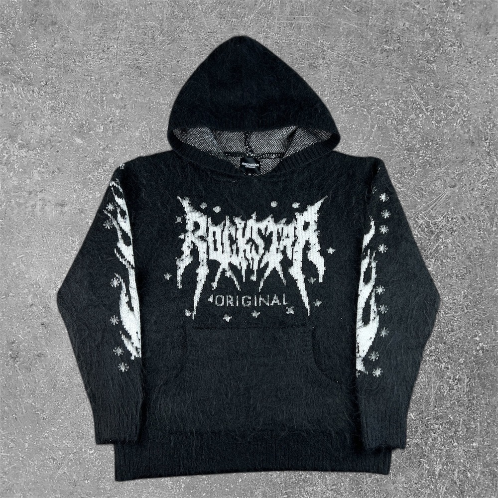 Rockstar Original‎ Knit Fuzzy Hoodie Mens Medium Black Flame Raymond Streetwear